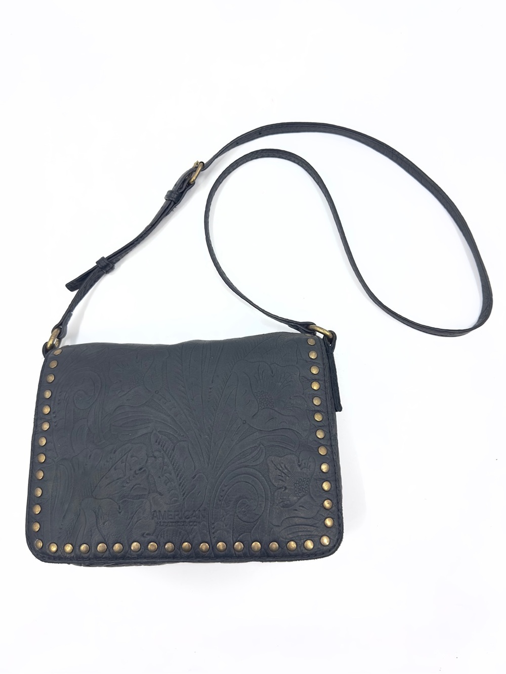 American Leather Co Tooled Leather Crossbody Purse Studded Boho Classic Flap Bag